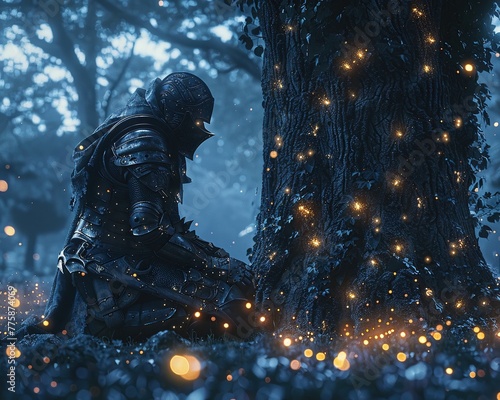 Warrior, armor, battle-scarred, kneeling in reverence before a mystical ancient tree in a tranquil forest, surrounded by glowing fireflies, under a starry night sky