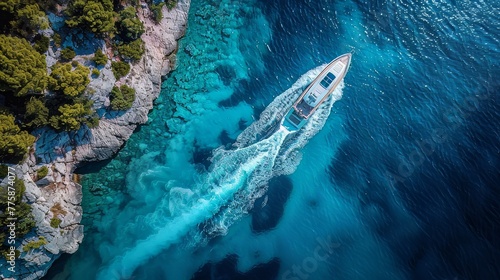 Aerial view of a luxury motor boat. Speed boat on the azure sea in turquoise blue water 