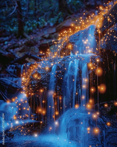 Stardust Spores, Luminescent Capsules, Tiny spores emitting soft light beneath a shimmering waterfall © Katawut