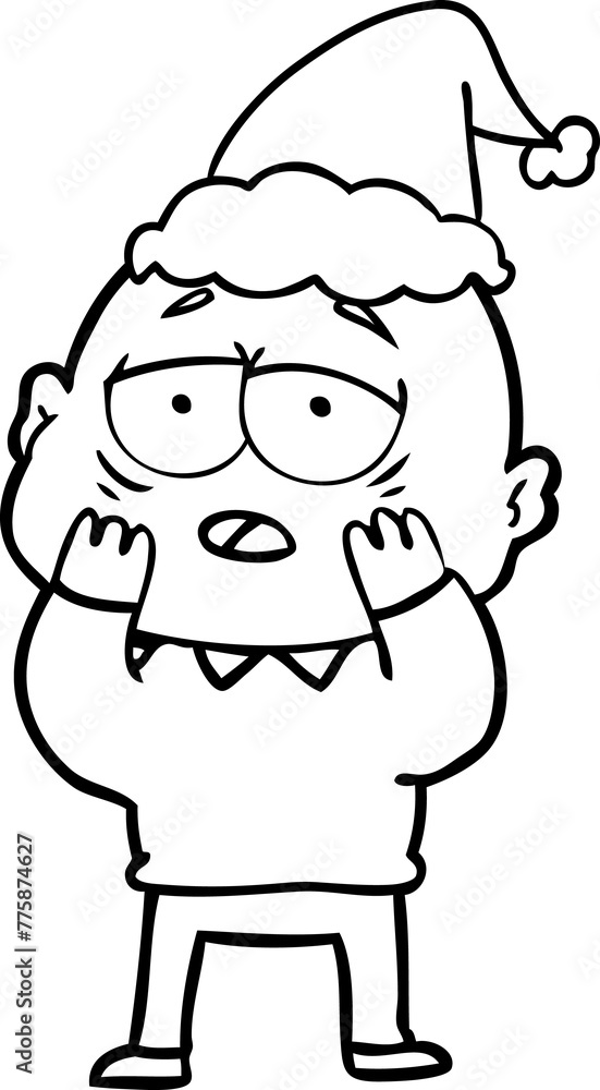 hand drawn line drawing of a tired bald man wearing santa hat hand drawn line drawing of a tired bald man wearing santa hat