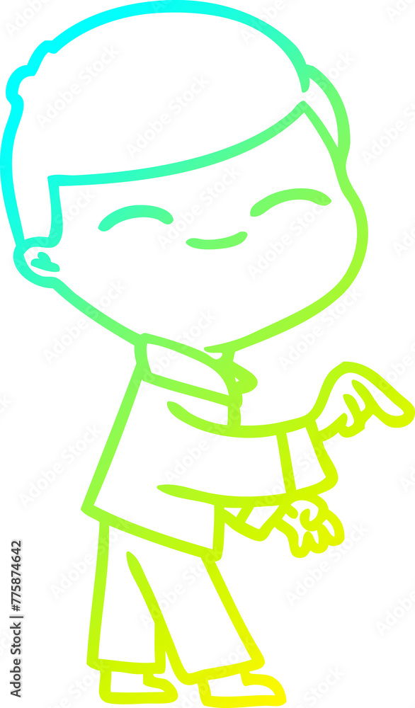 cold gradient line drawing of a cartoon smiling boy pointing