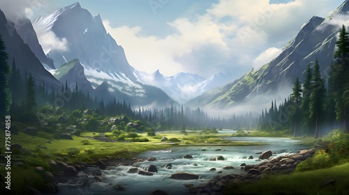 Mountain landscape panorama. Mountain river in the morning mist.