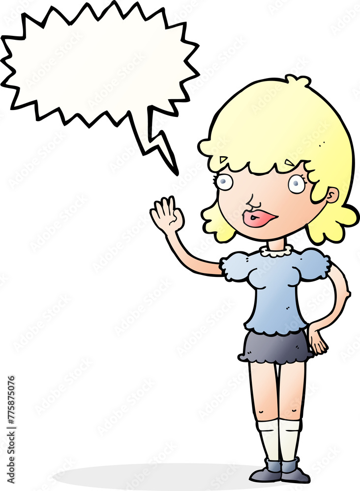 cartoon waving woman with speech bubble cartoon waving woman with speech bubble
