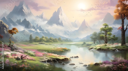 Panorama of beautiful landscape with lake  mountains and forest at sunset