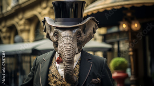 dignified elephant in a tailored three-piece suit, complete with a bowler hat and a monocle. Against a backdrop of Victorian architecture, it exudes old-world charm and sophistication. Mood: refined a