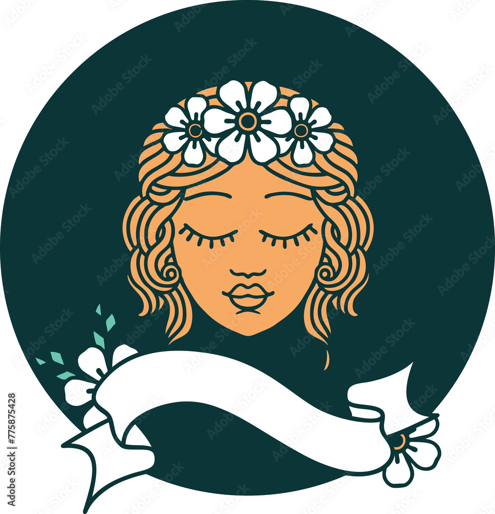 tattoo style icon with banner of a maiden with eyes closed tattoo style icon with banner of a maiden with eyes closed