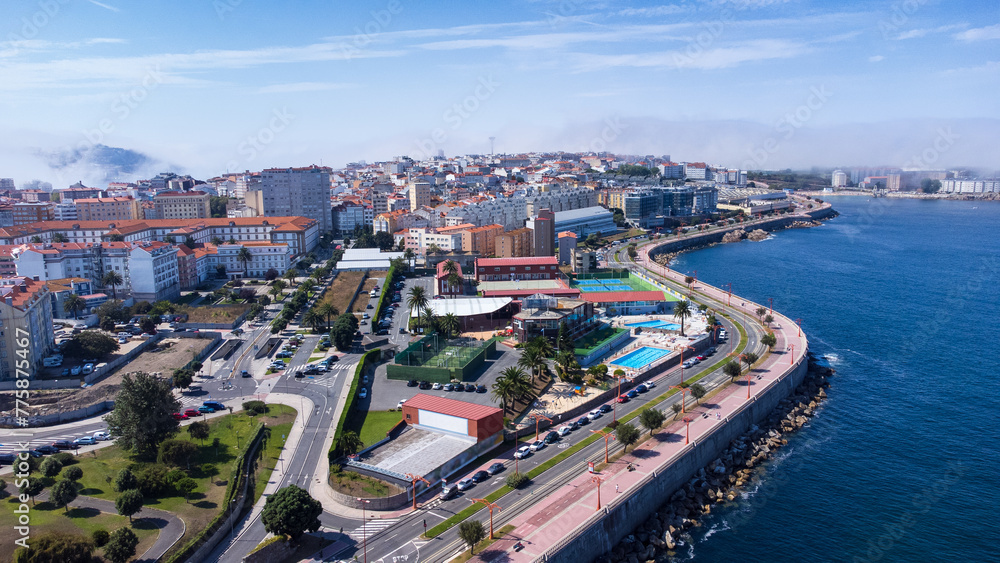 Aerial view of the city waterfront and ocean. La Coruña, Galicia, Spain.