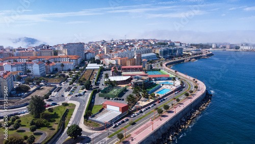 Aerial view of the city waterfront and ocean. La Coruña, Galicia, Spain.