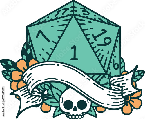 Retro Tattoo Style natural one d20 dice roll