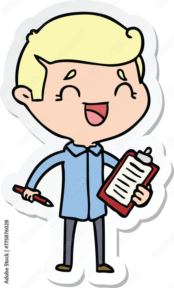 sticker of a cartoon laughing man with clip board sticker of a cartoon laughing man with clip board
