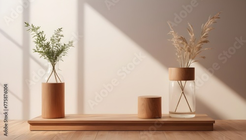 Minimalistic setting with a vase in front of a wall with shadows. Aesthetic 