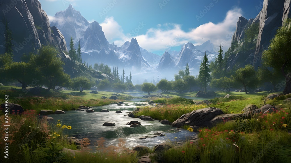 Beautiful panoramic view of the mountain river. Digital painting.