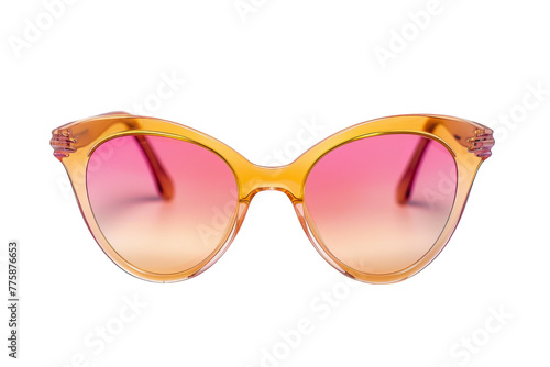 A pair of yellow sunglasses with pink lenses resting on a surface