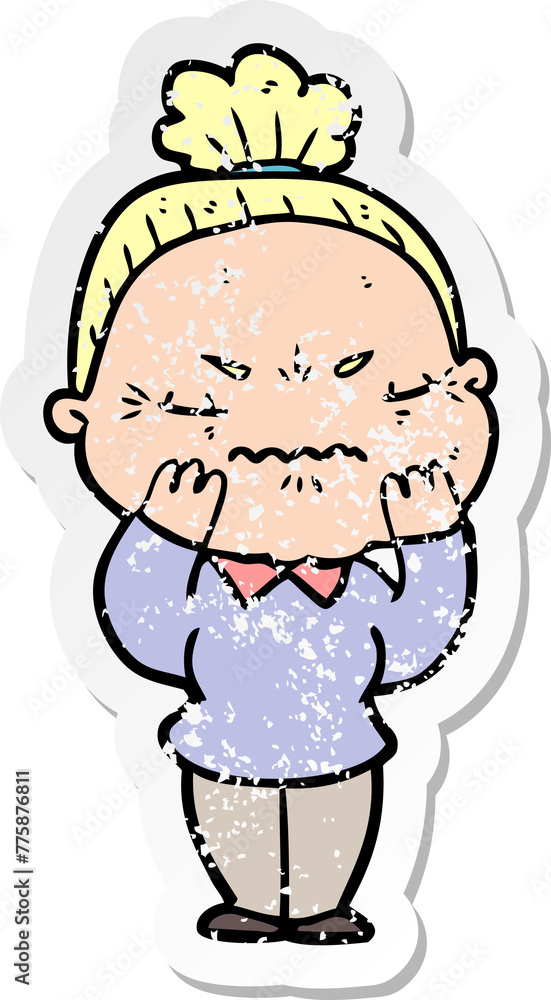 distressed sticker of a cartoon annoyed old lady