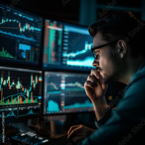 Portrait of Young Handsome Stock Exchange Broker Working on Computer, Researching Real-Time Stocks Data.