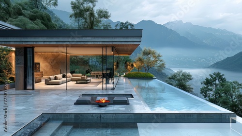 Modern exterior of a luxury villa in a minimal style. Glass house in the mountains. Magnificent mountain views from the veranda of a modern villa. Luxury glamping