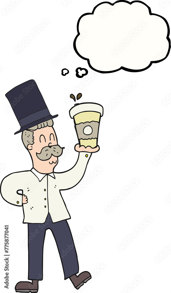 freehand drawn thought bubble cartoon man with coffee cup freehand drawn thought bubble cartoon man with coffee cup