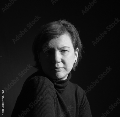 mature woman black and white portrait in short light
