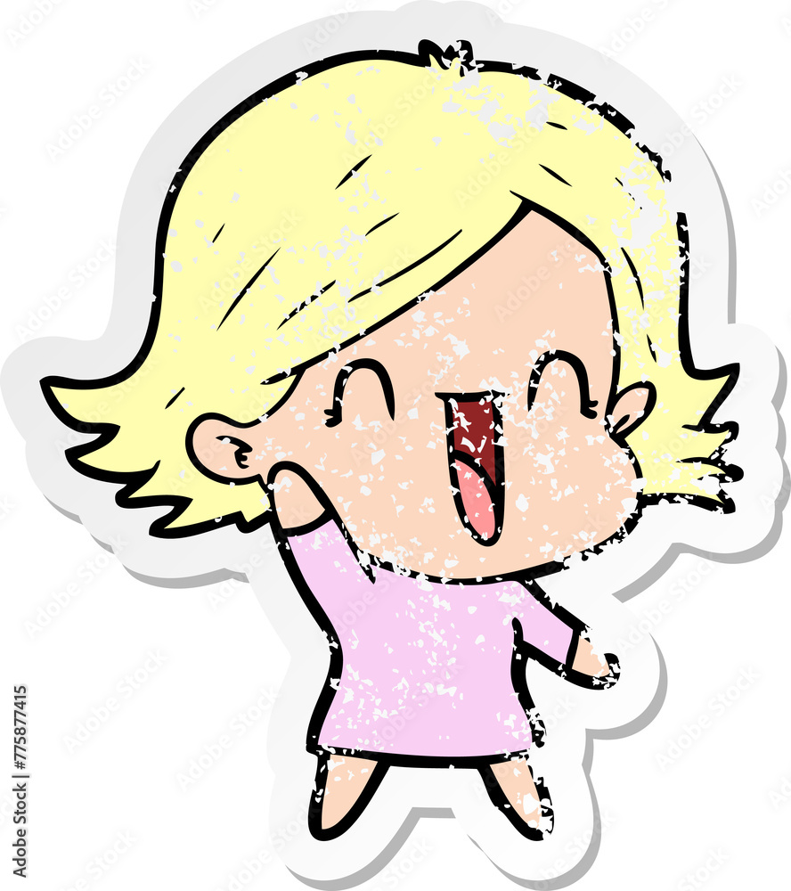 distressed sticker of a cartoon happy woman distressed sticker of a cartoon happy woman