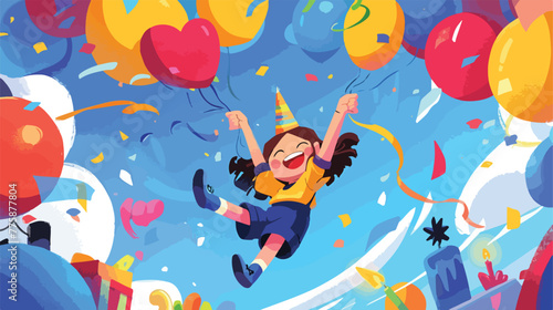 Celebrating birthday holding colorful baloons illus