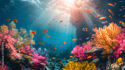 Underwater coral reef teeming with fish, sunlight filtering through water