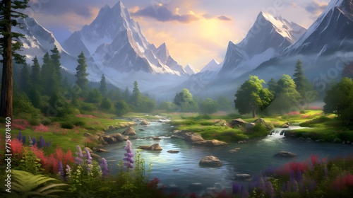 Panoramic landscape with a river, mountains and flowers. Digital painting.