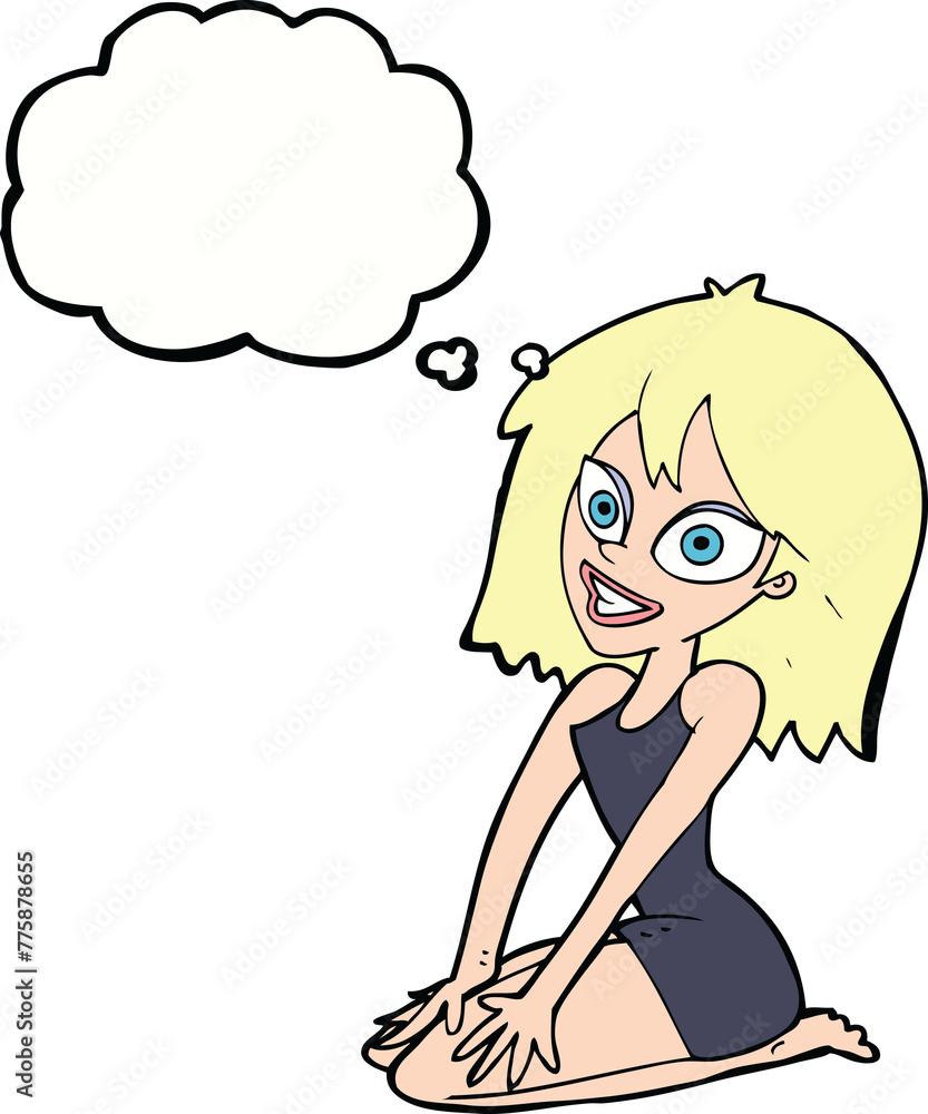 cartoon happy woman in dress with thought bubble