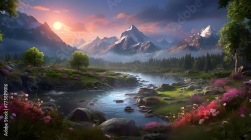 Beautiful panoramic view of a mountain river at sunset with pink flowers © Iman