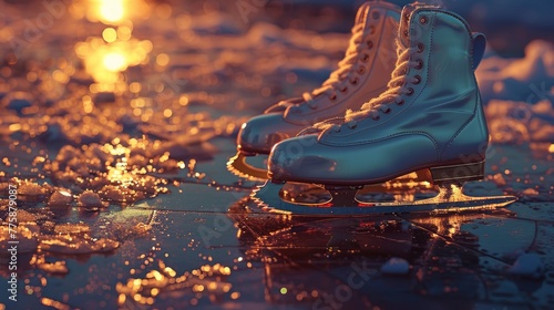 Ice skates on glistening ice during golden hour
