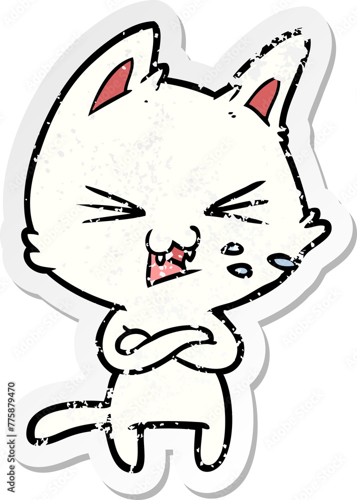 distressed sticker of a cartoon cat with crossed arms distressed sticker of a cartoon cat with crossed arms