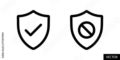 Shield check mark, tick mark symbol, shield with block sign, restriction shield icons in line style design for website, app, UI, isolated on white background. Editable stroke. Vector illustration.