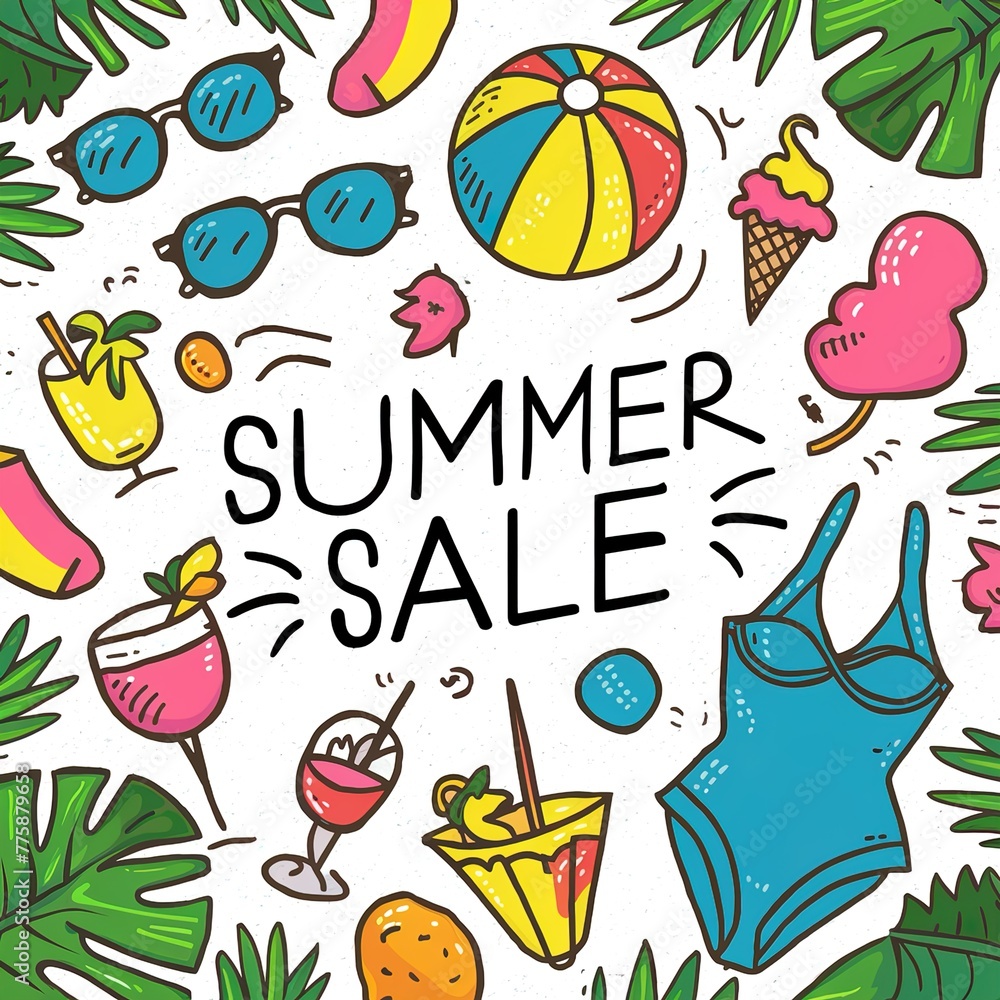 Naklejka premium Summer time vector banner design, colorful beach elements in white background.