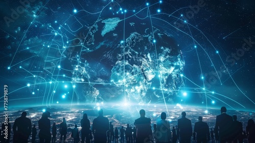 People staring at networked earth hologram - A mesmerizing view of people observing a networked Earth hologram, representing global data exchange