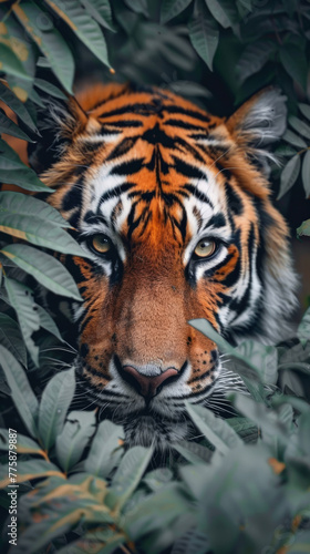 Close-up of a tiger s face in foliage - A mesmerizing close-up portrait of a tiger s face peering through lush green foliage  highlighting the beauty and majesty of wildlife