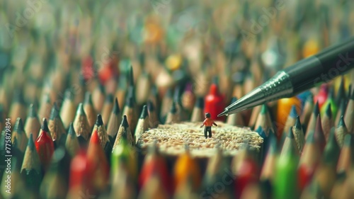 Tiny figure among colorful pencils - A minute, solitary figure in red stands surrounded by a sharp collection of colorful pencils, symbolizing creativity and uniqueness © Mickey