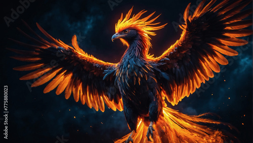 A dazzlingly majestic phoenix, its fiery feathers aflame against the dark backdrop of the night sky. © xKas