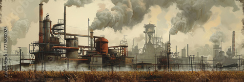 Polluted industrial scene with dense smoke - A panoramic view showcasing industrial pollution with multiple smokestacks emitting thick smoke into the sky