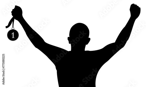 Victory concept, Silhouette human hand holding gold medal against transparent backgorund. Vector illustration.