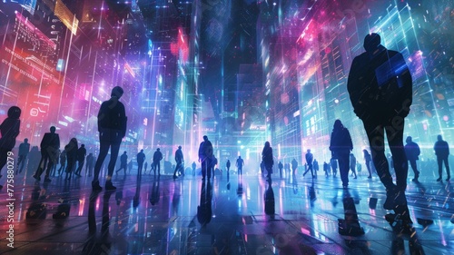Cyber cityscape with reflective silhouettes - A stunning and vivid depiction of a cyberpunk cityscape with reflective silhouettes of people against neon-lit skyscraper