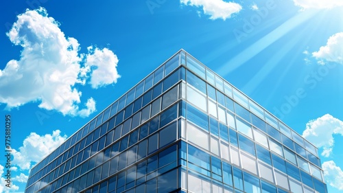 Modern glass building under bright sunlight - A stunning image capturing the reflective surface of a modern glass building against a backdrop of a clear blue sky with sunlight rays