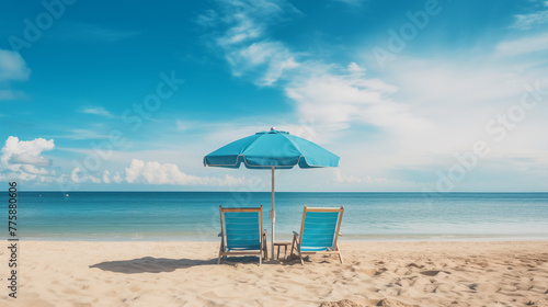 Blue Beach Umbrella and Chairs on a Sunny Seashore