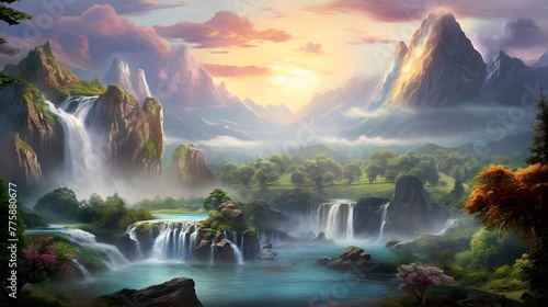 Digital painting of a beautiful waterfall in the mountains at sunset. Panorama