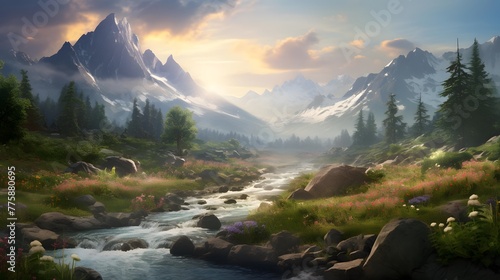 Panoramic view of the mountain river at sunset. Beautiful summer landscape.