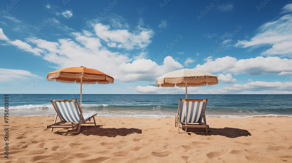 Sunny Beach Scene with Orange Umbrella and Striped Chairs