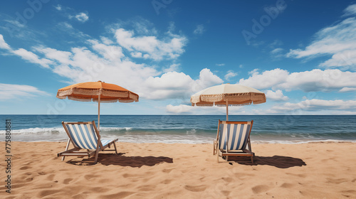 Sunny Beach Scene with Orange Umbrella and Striped Chairs