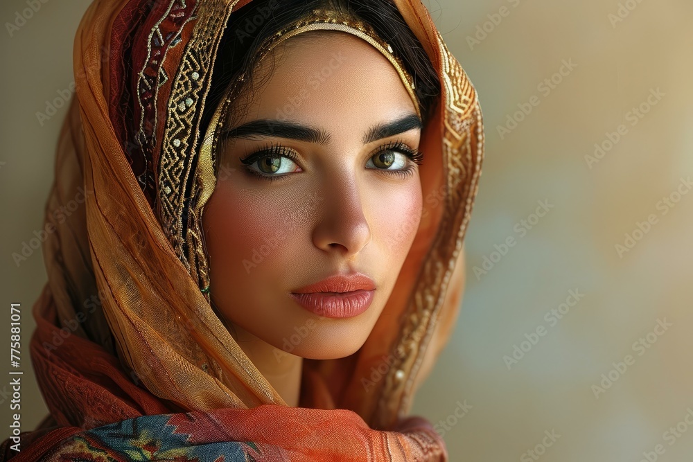 Mysterious Arab woman hair colorful background. Fashion person model with cute smile. Generate Ai Mysterious Arab woman hair colorful background. Fashion person model with cute smile. Generate Ai