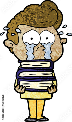 cartoon crying student with stack of books