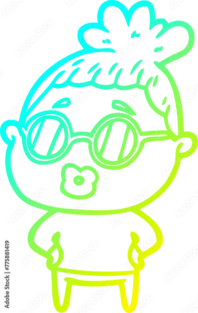 cold gradient line drawing of a cartoon librarian woman wearing spectacles