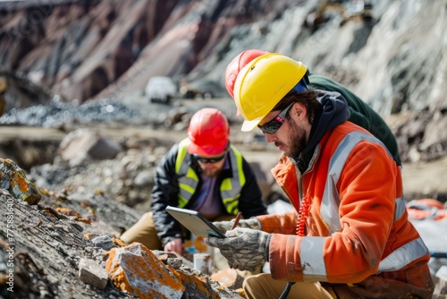 Team of Geologists Conducting Fieldwork in Rugged Terrain, Examining Rock Formations and Prospecting For Mineral Deposits, Generative AI