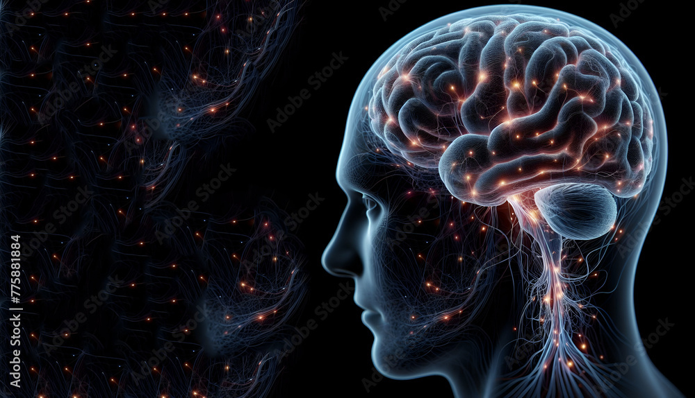 Human brain neurons Nervous system activity Machine learning Illustration on a dark background, generative ai Human brain neurons Nervous system activity Machine learning Illustration on a dark background, generative ai